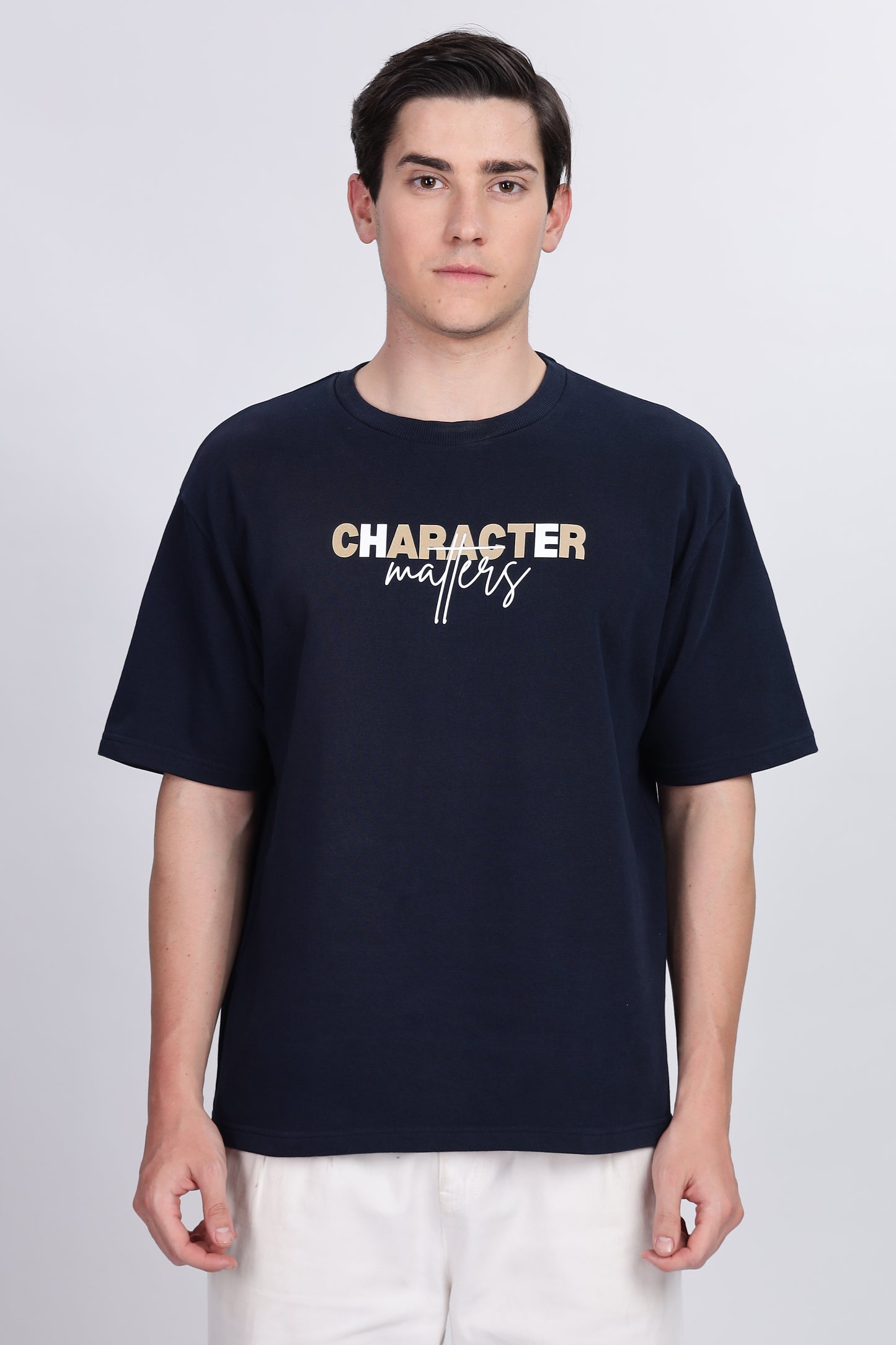 "Character Matters" Unisex Navy Blue Terry Oversized T-Shirt – Premium 280 GSM Streetwear Tee - Skigg Wears