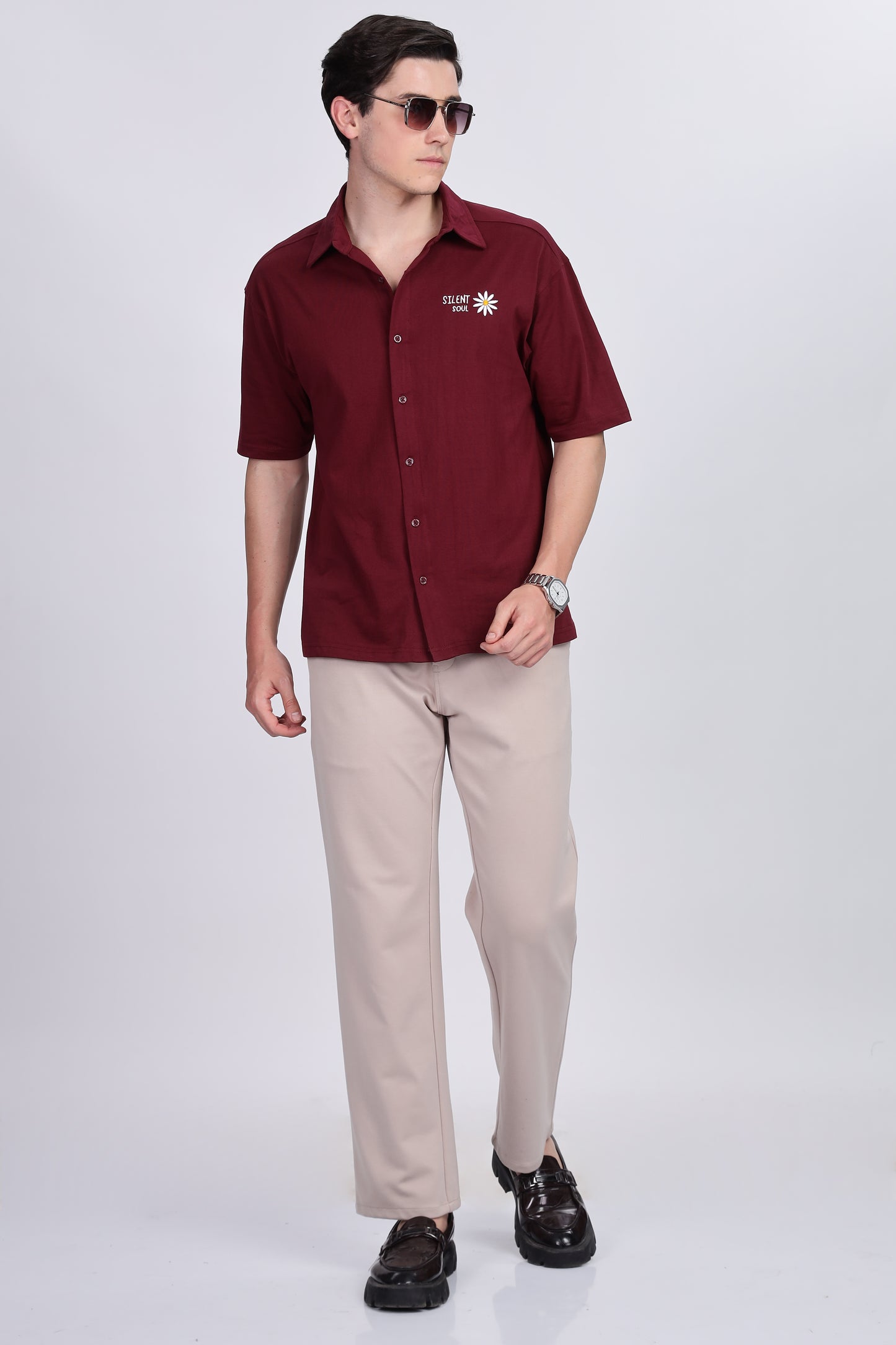 Skigg Maroon Oversized Shirt – Premium Embroidered Streetwear - Skigg Wears