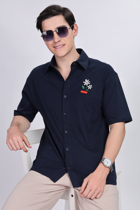 Premium Navy Blue Oversized Half Shirt – 100% Cotton | Skigg Embroidered Streetwear - Skigg Wears