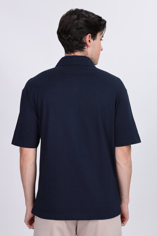 Premium Navy Blue Oversized Half Shirt – 100% Cotton | Skigg Embroidered Streetwear - Skigg Wears