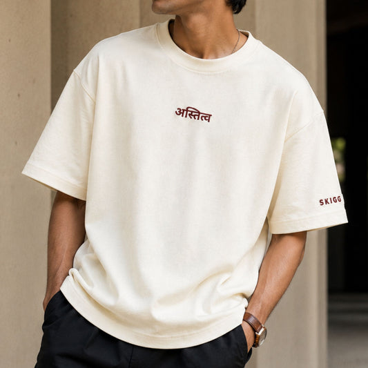 अस्तित्व Off White Oversized Embroidered Premium T-Shirt | Exclusive Streetwear Collection
