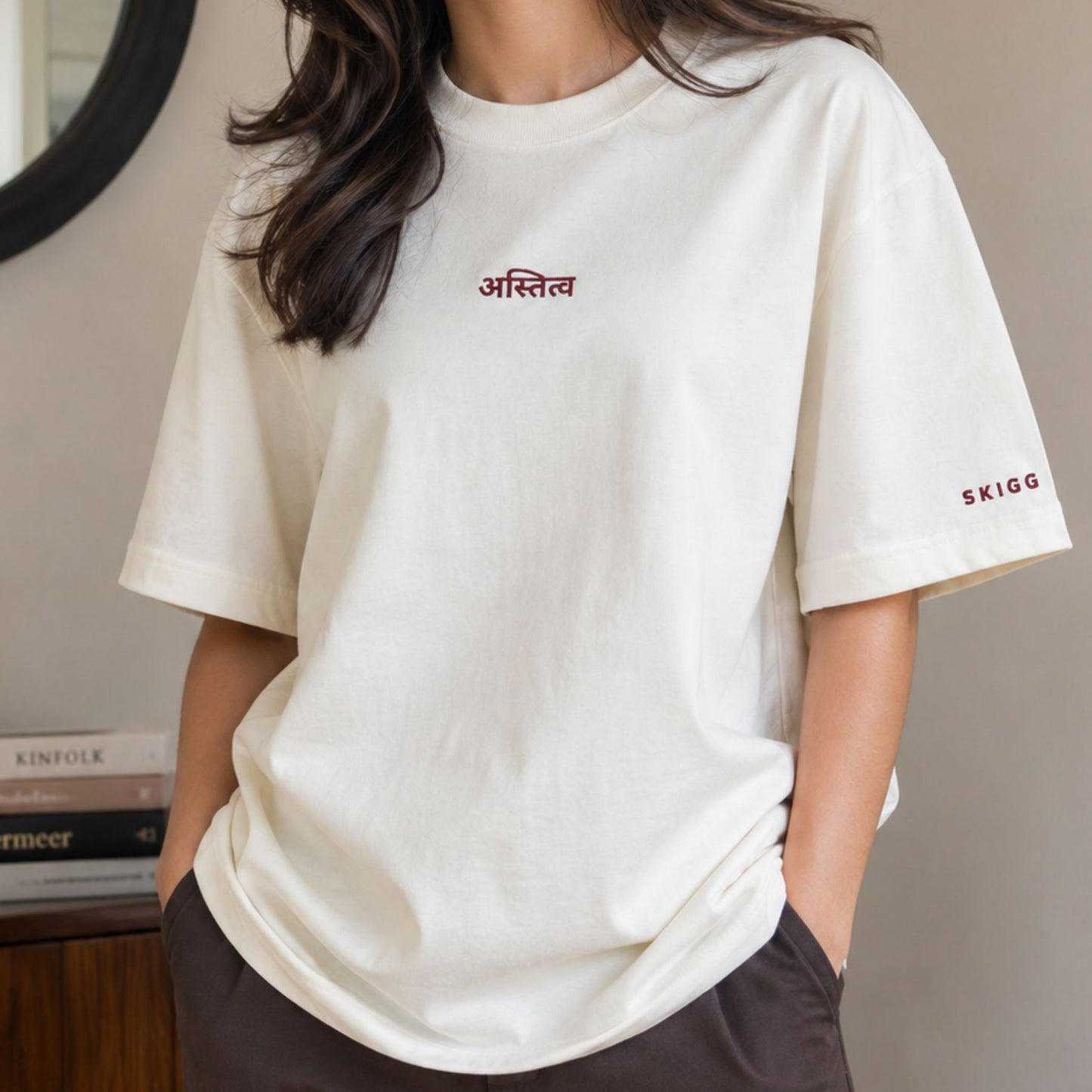 अस्तित्व Off White Oversized Embroidered Premium T-Shirt | Exclusive Streetwear Collection