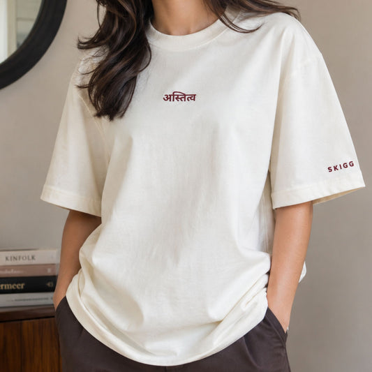 अस्तित्व Off White Oversized Embroidered Premium T-Shirt | Exclusive Streetwear Collection - Skigg Wears